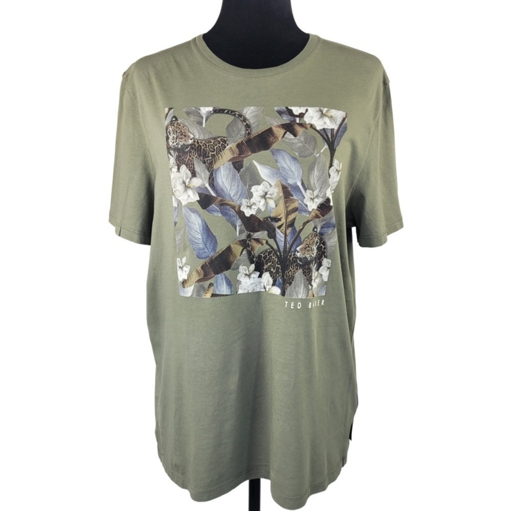 Ted Baker Men Green T-shirt- cheetah graphic size 4 L